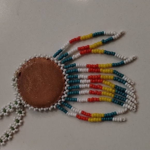 Native American seed bead necklace colorful thunderbird design fringe detail - Picture 5 of 5